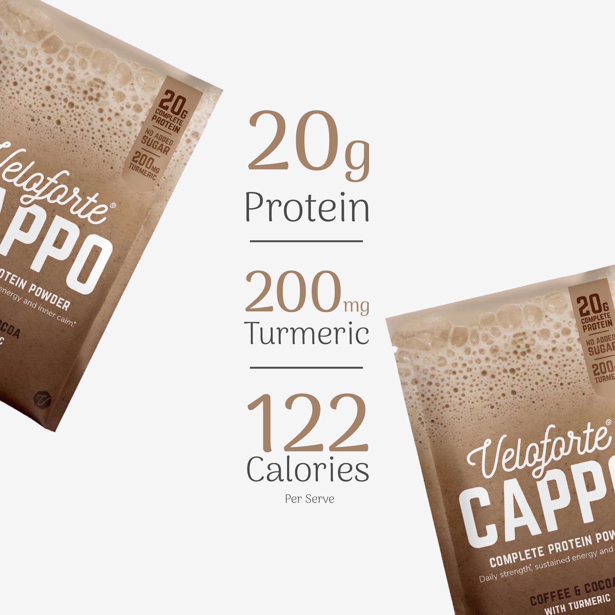 Veloforte Cappo High Protein Powder with nutritional information on a white background