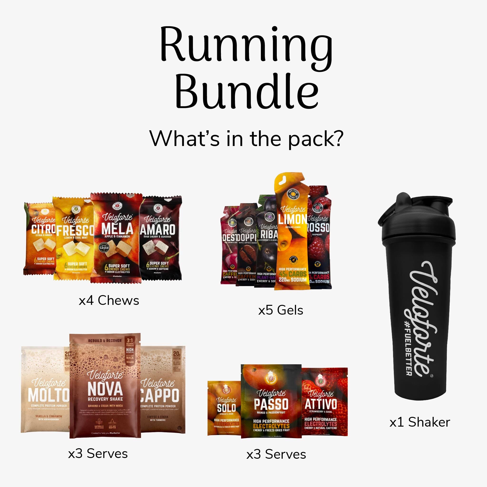 What's in the Running Bundle: 5 gels, 4 chews, 3 electrolyte mixes, 3 recovery shakes and 1 shaker