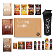 Running Bundle box surrounded by 5 gels, 4 chews, 3 electrolyte drink mixes, 3 recovery shakes and a free shaker