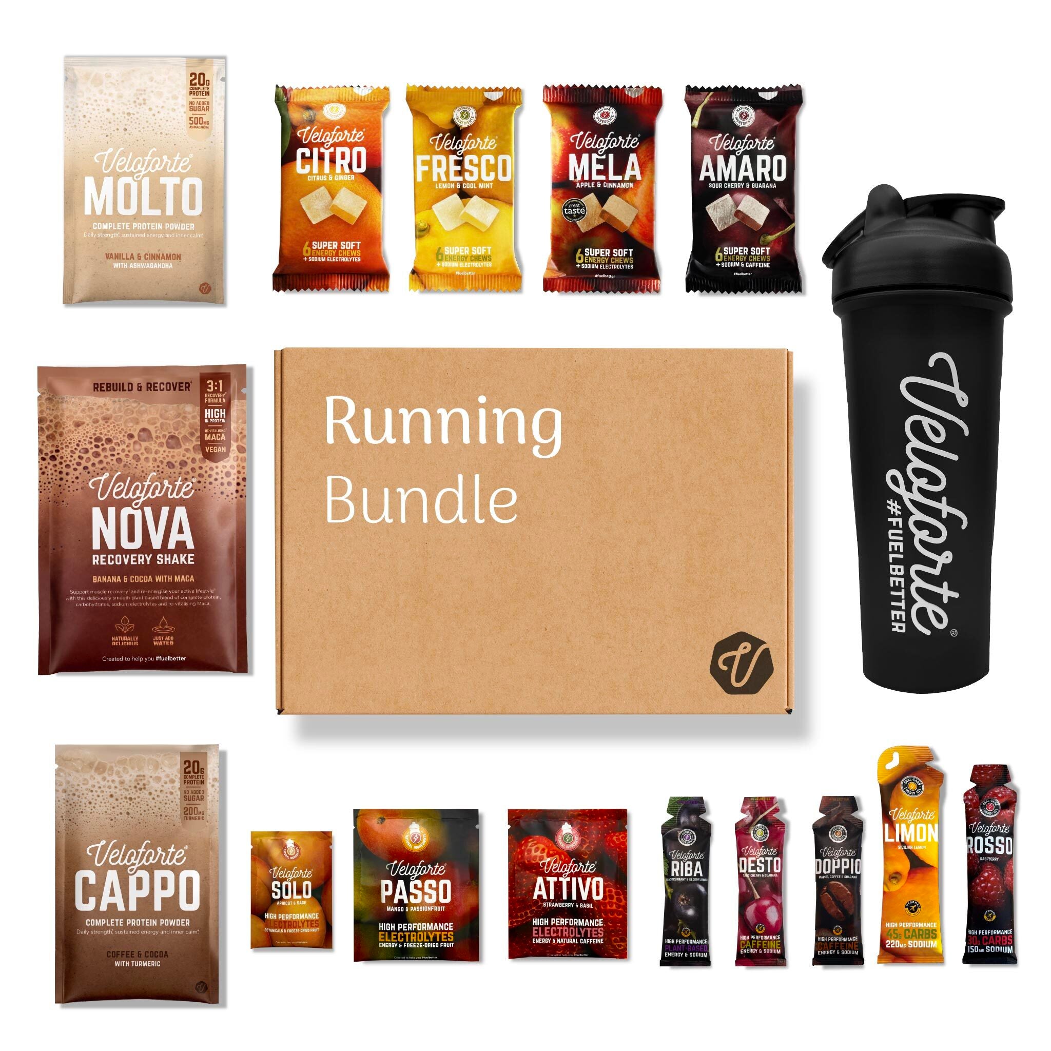Running Bundle box surrounded by 5 gels, 4 chews, 3 electrolyte drink mixes, 3 recovery shakes and a free shaker