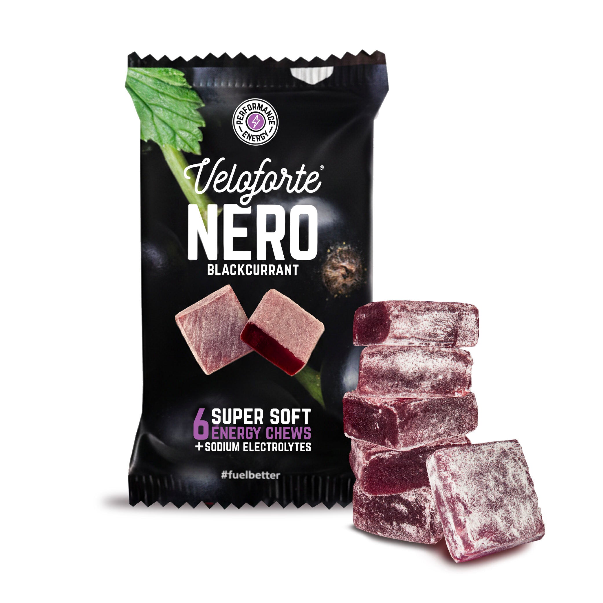 Veloforte Nero blackcurrant energy chews packaging with chews displayed on a white background