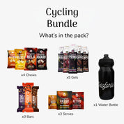 Cycling bundle with energy chews, gels, energy bars, electrolytes and a water bottle on a white background