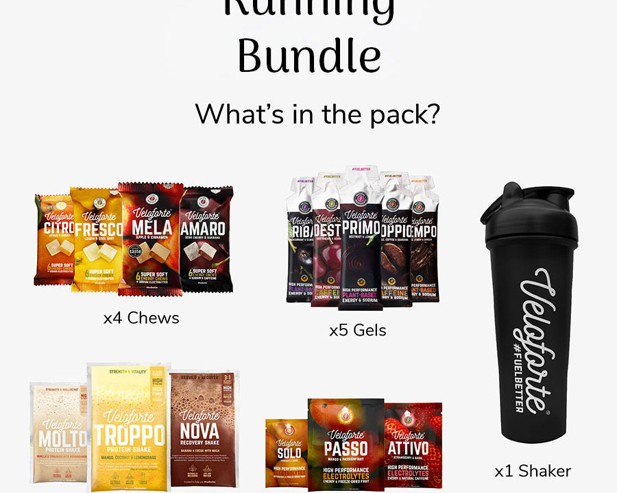 Running bundle with chews, gels, energy bars, electrolytes and a protein shaker on a white background
