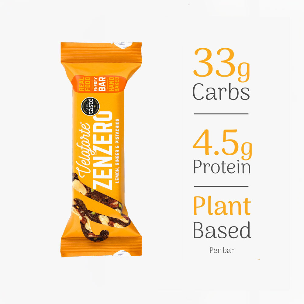 Zenzero energy bar packaging with nutritional information on a white background